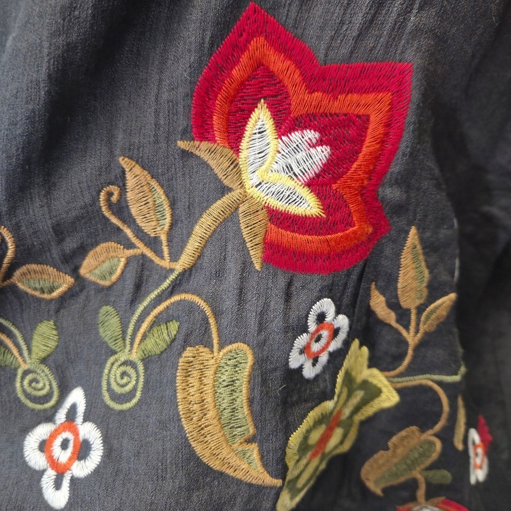 Umgee Blouse Womens S Black Cotton Floral Embroidered Puff Sleeve Boho Oversized